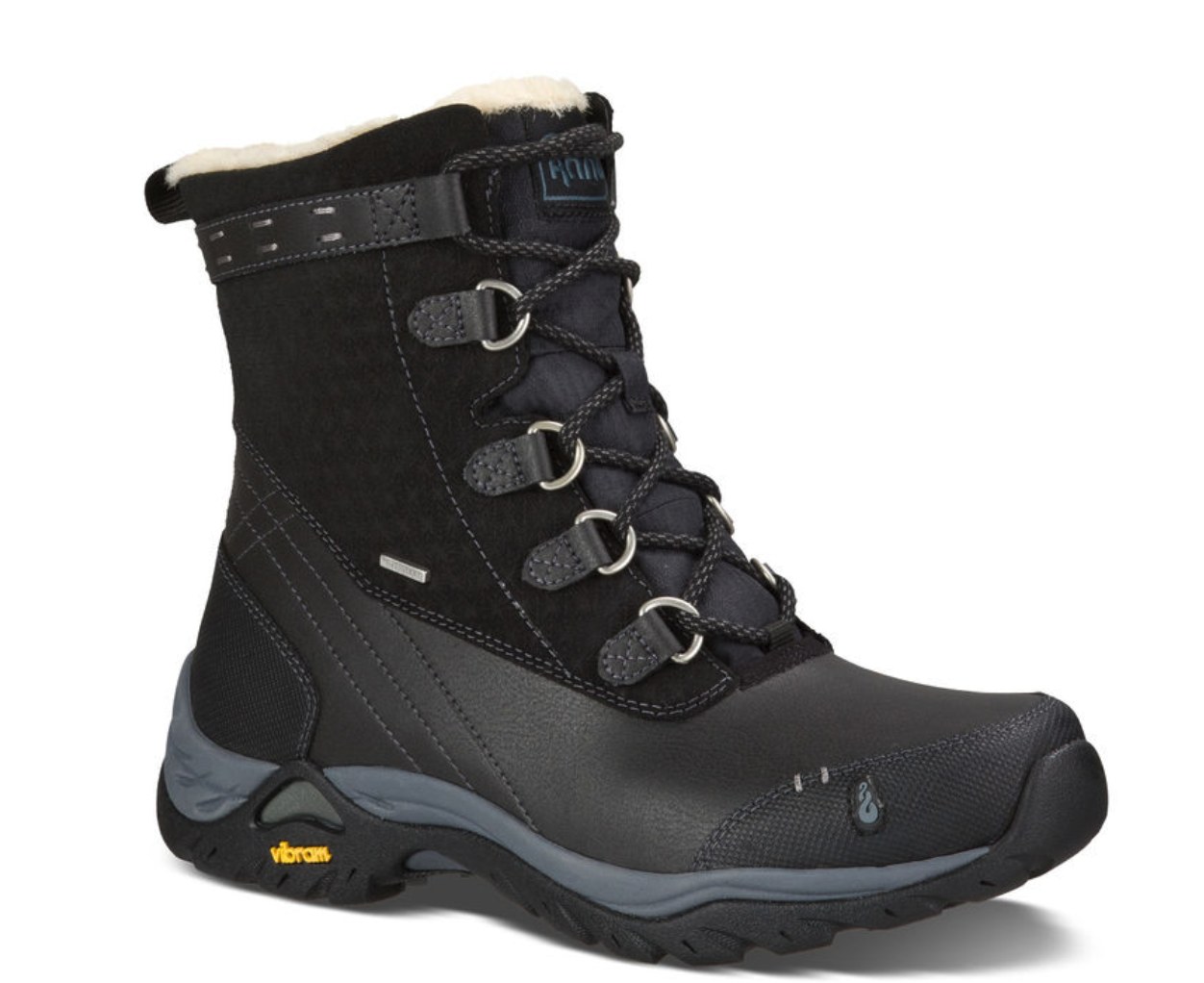 Ahnu black insulated lace-up winter hiking boot with sherpa fleece collar and Vibram outsole, side view on white background