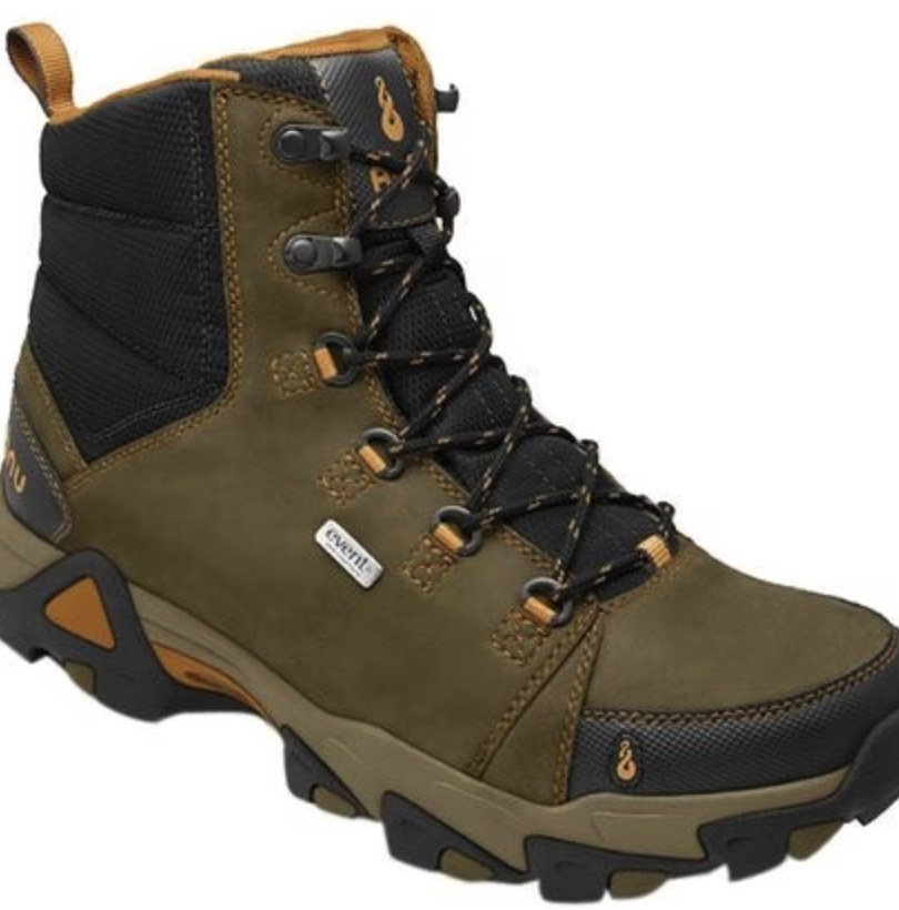 Ahnu men's dark olive and amber waterproof leather mid hiking boot with eVent waterproofing and lug outsole, side view on white background
