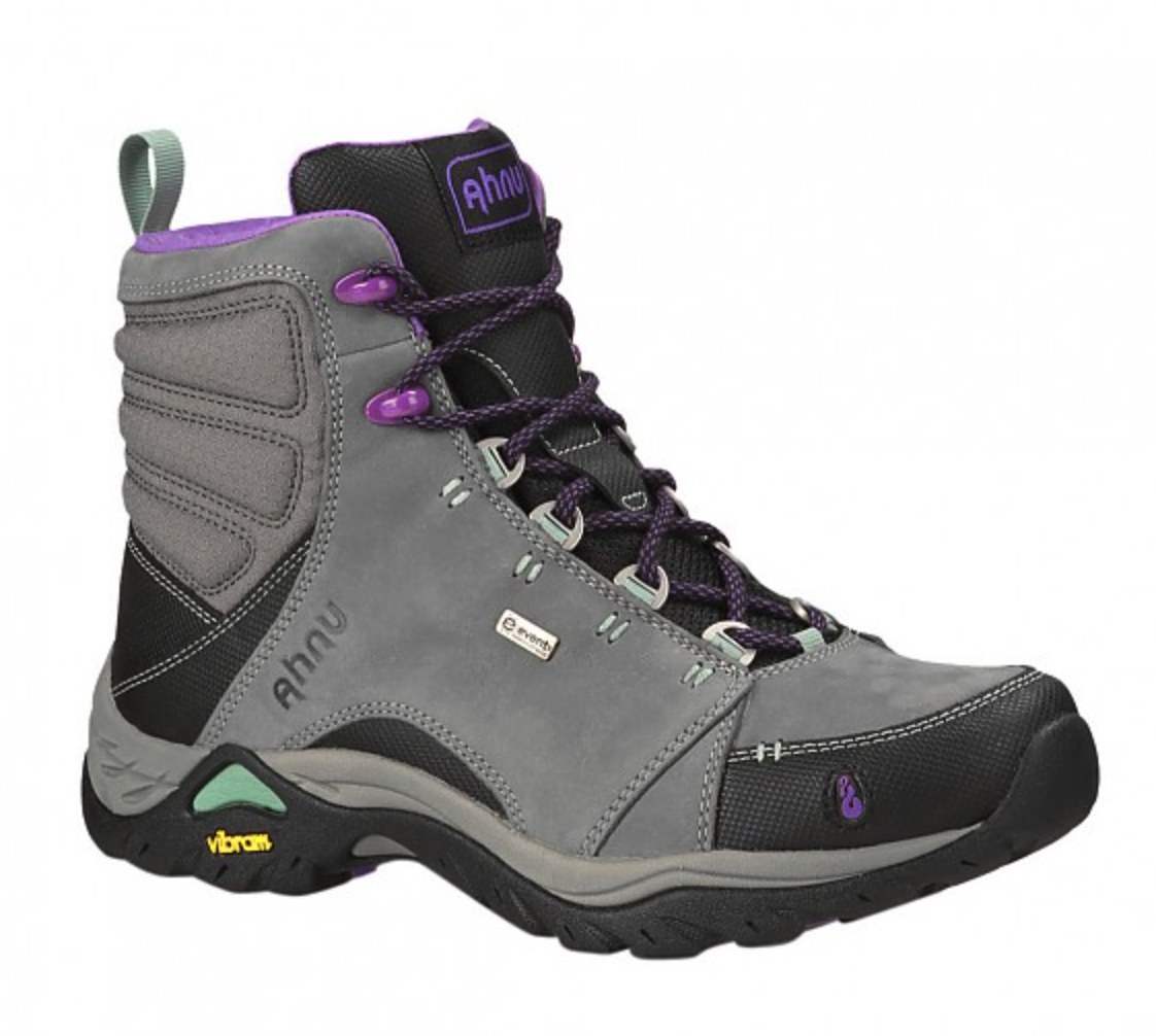 Ahnu women's grey and purple waterproof nubuck leather hiking boot with Vibram outsole and eVent waterproofing, side view on white background